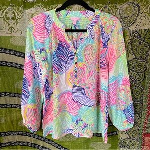 Lilly Pulitzer Colorful Tropical Elsa Crepe Silk Blouse Size Small